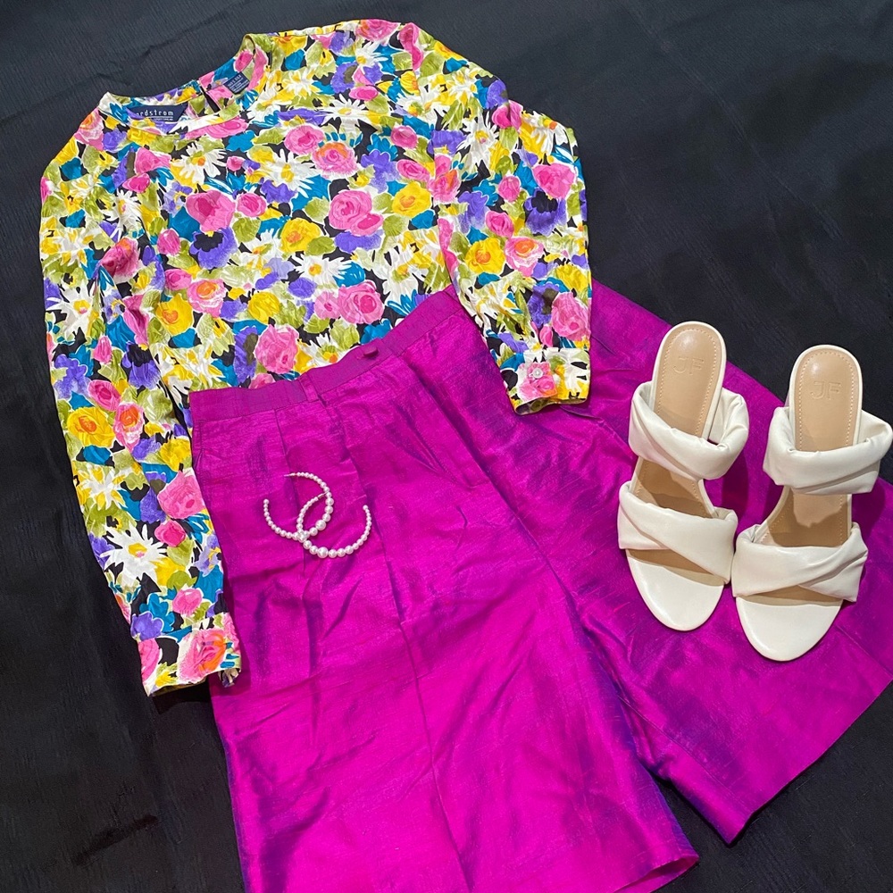 Floral Silk Blouse & Fuchsia Silk Shorts